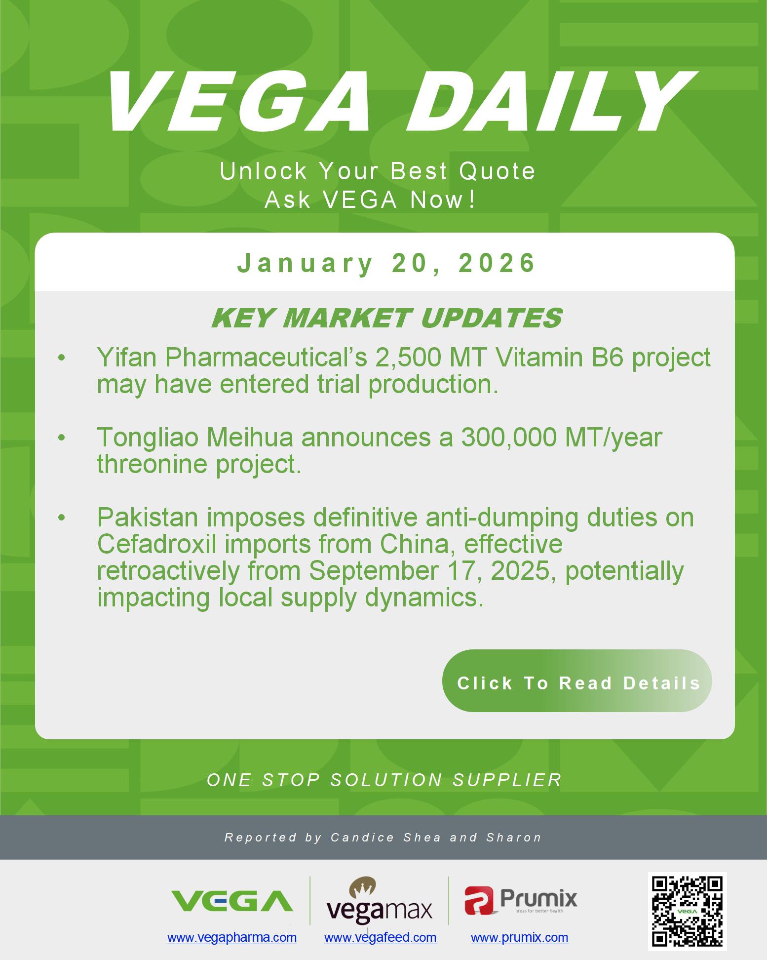 VEGA Daily Dated on January 20th 2026 Vitamin Amino Acid APl Food Additives.jpg